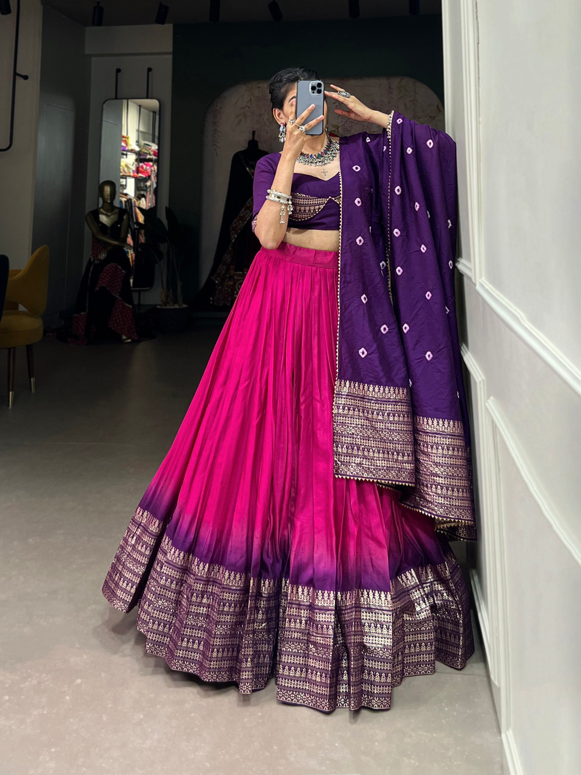 Purple & Pink Ombre Lehenga with Zari Border & Embroidered Blouse