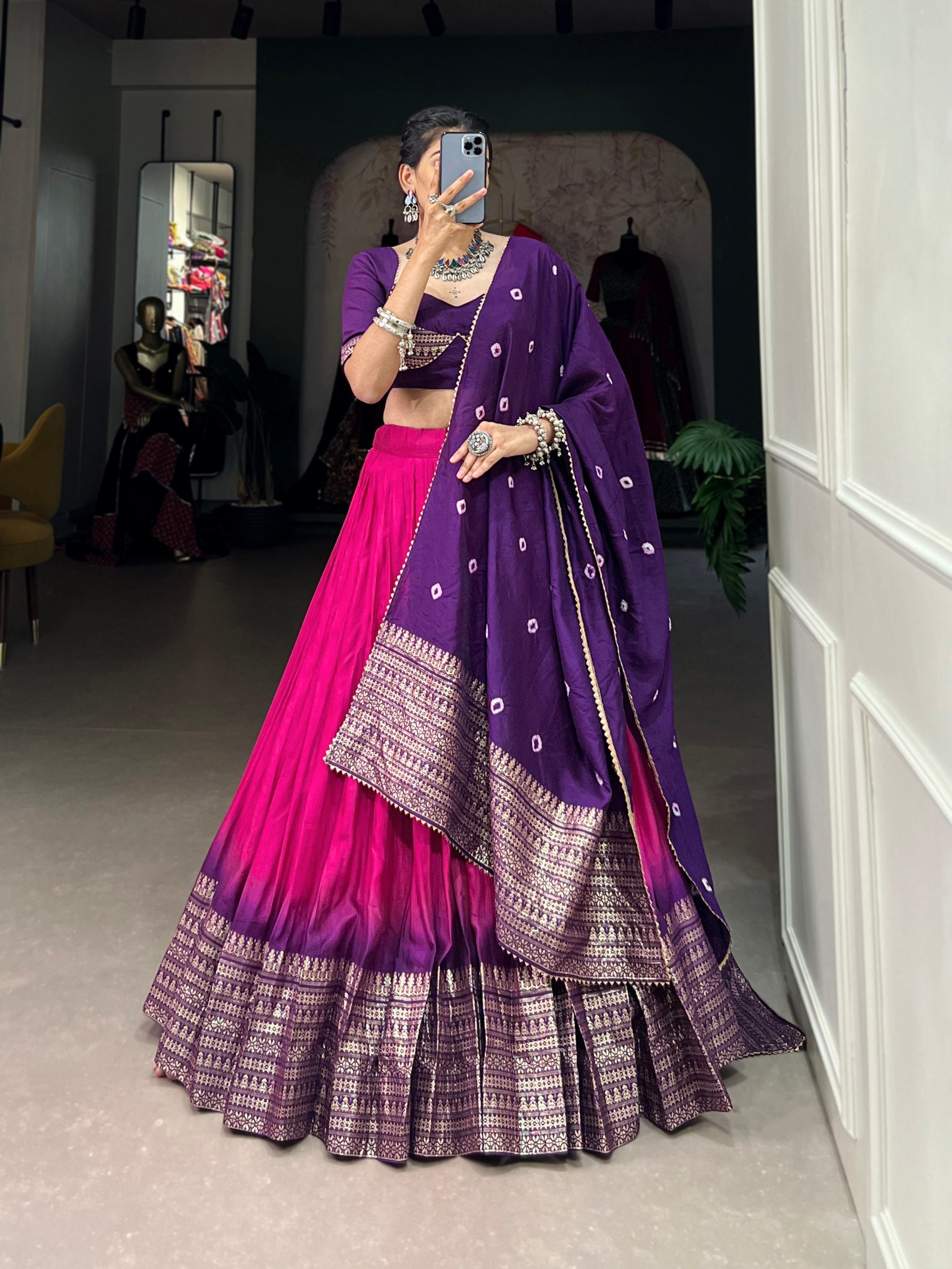 Purple & Pink Ombre Lehenga with Zari Border & Embroidered Blouse