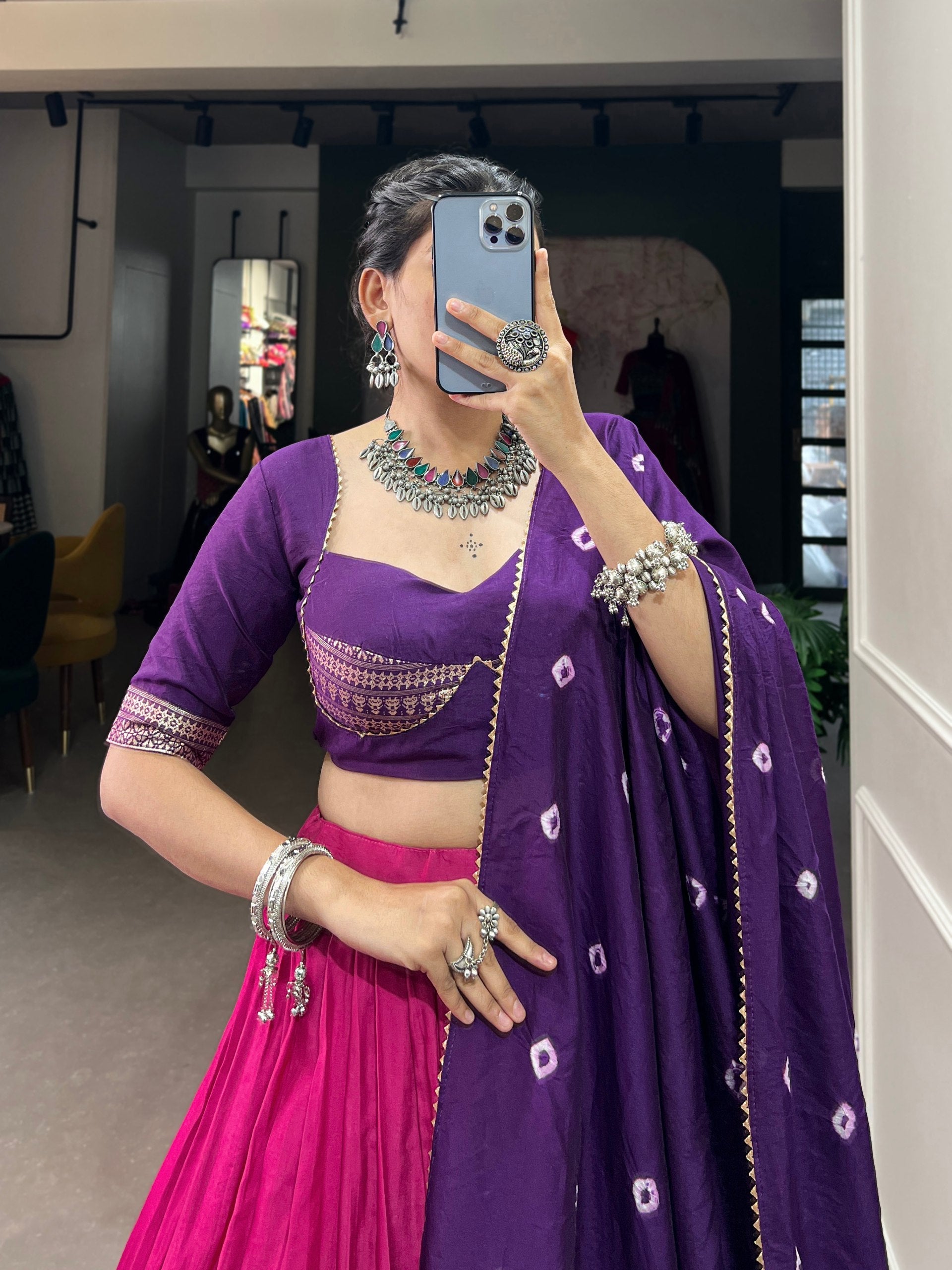 Purple & Pink Ombre Lehenga with Zari Border & Embroidered Blouse