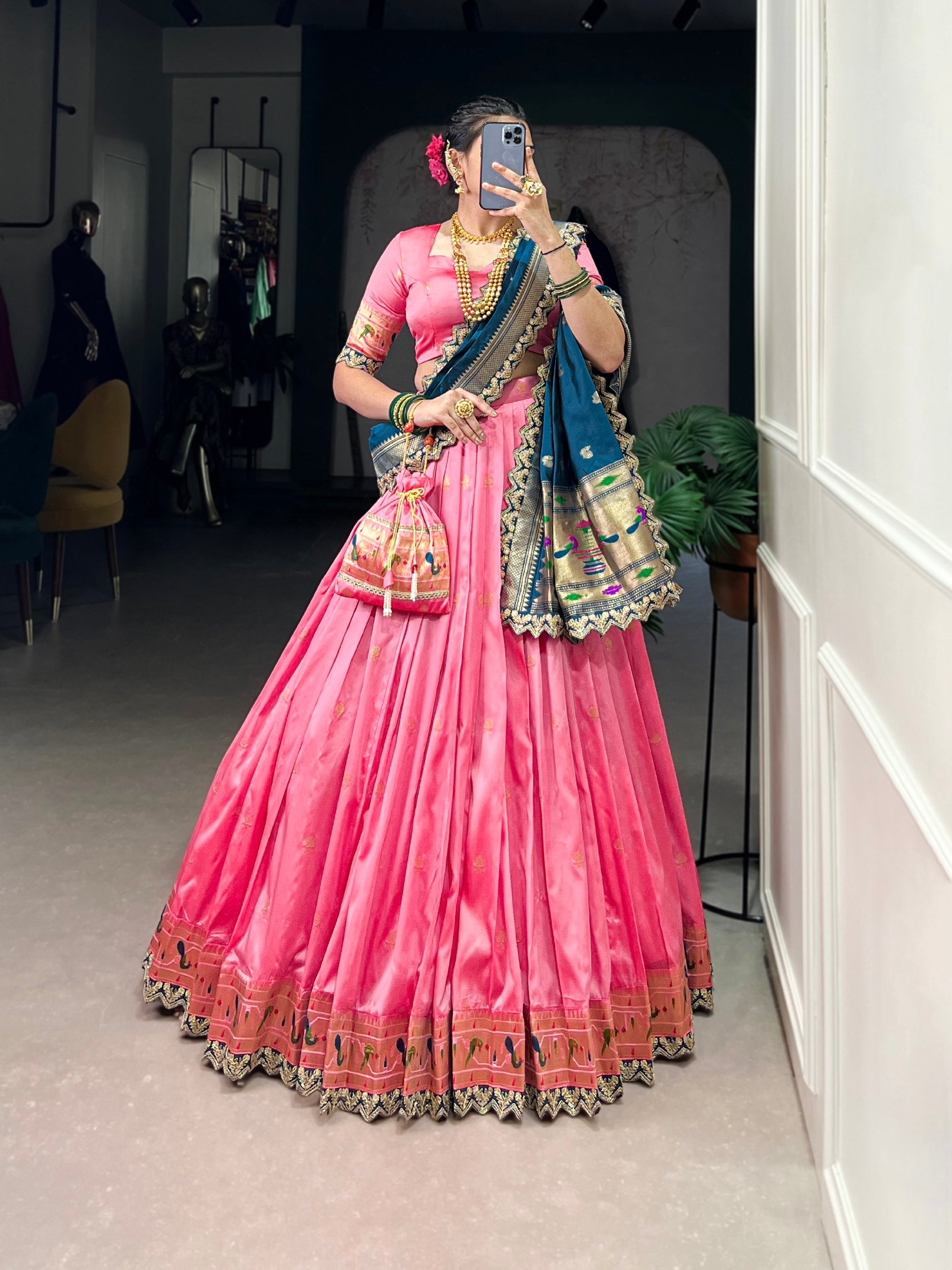 Pink & Green Silk Lehenga Choli with Contrasting Blue Dupatta