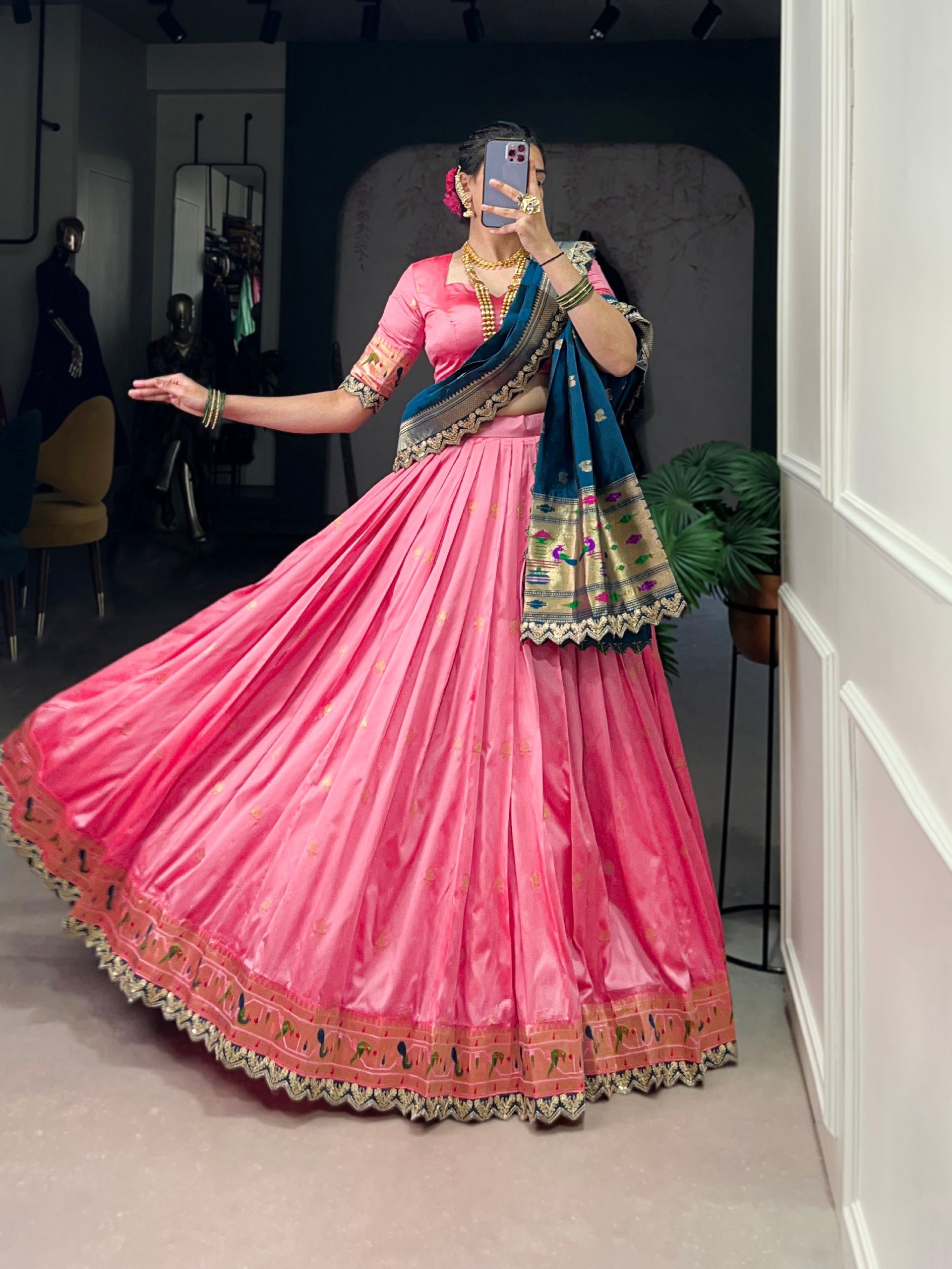 Pink & Green Silk Lehenga Choli with Contrasting Blue Dupatta