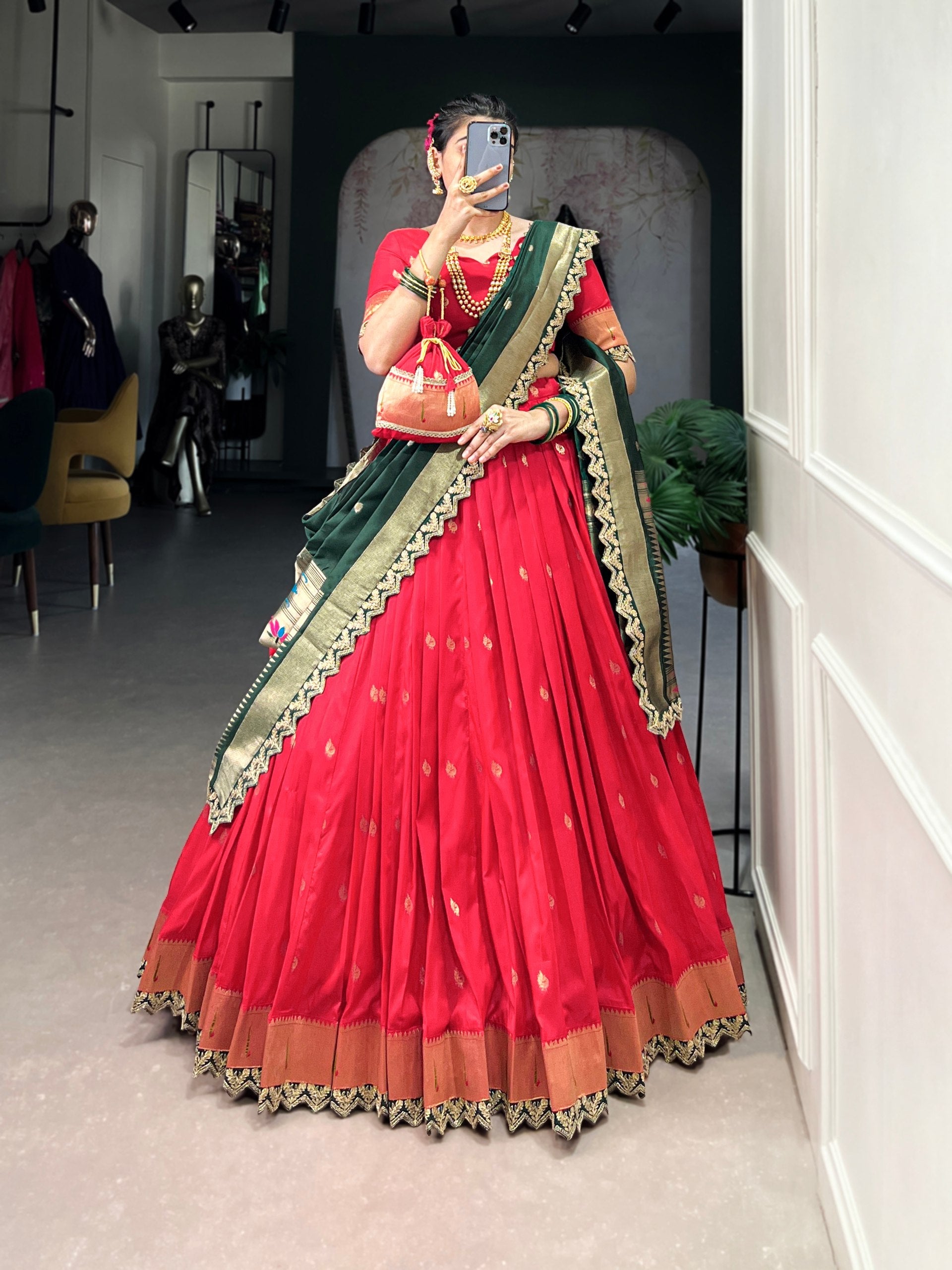 Pink & Green Silk Lehenga Choli with Contrasting Blue Dupatta