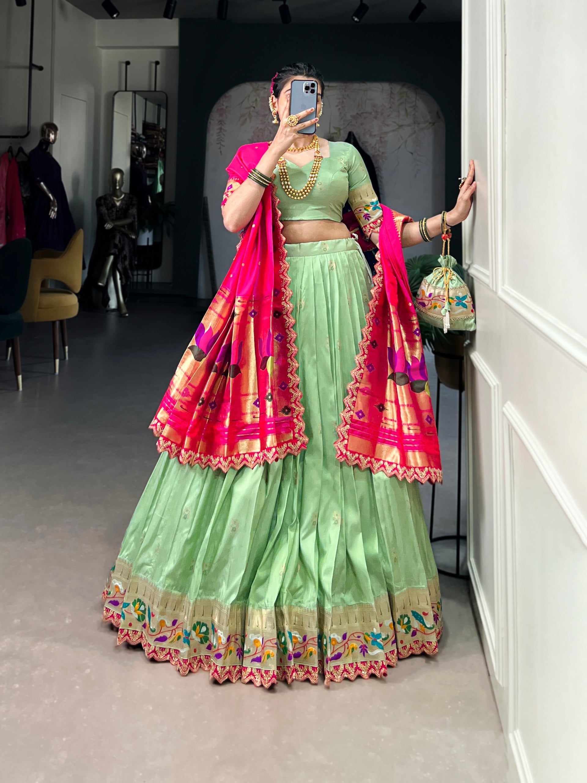 Pink & Green Silk Lehenga Choli with Contrasting Blue Dupatta