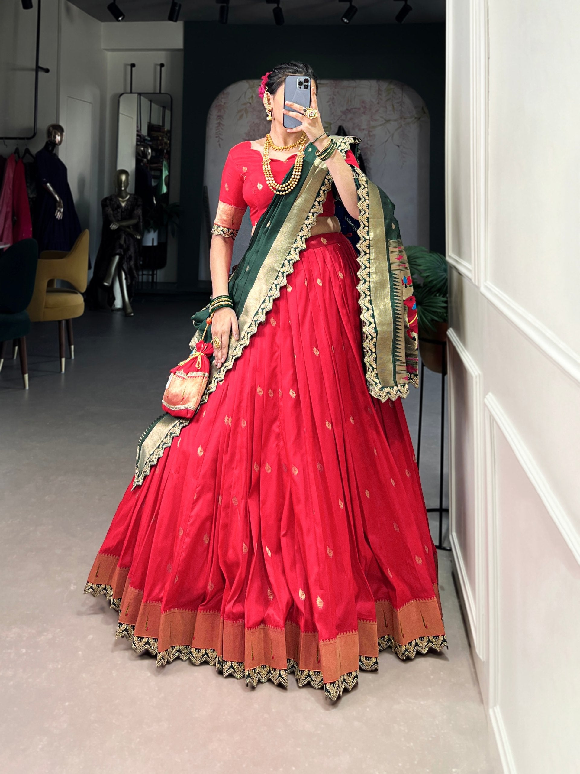 Pink & Green Silk Lehenga Choli with Contrasting Blue Dupatta