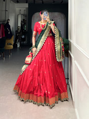 Pink & Green Silk Lehenga Choli with Contrasting Blue Dupatta