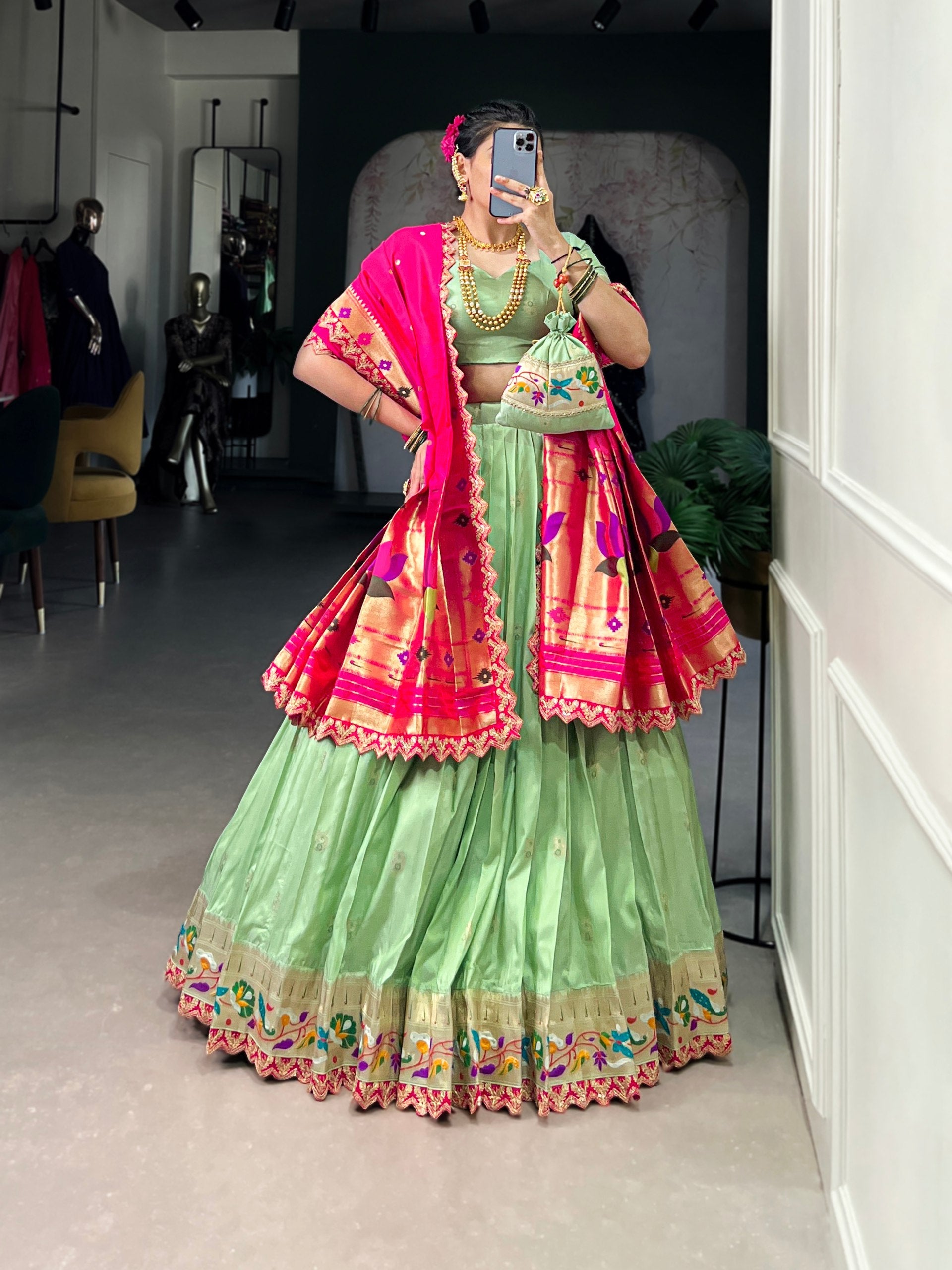Pink & Green Silk Lehenga Choli with Contrasting Blue Dupatta