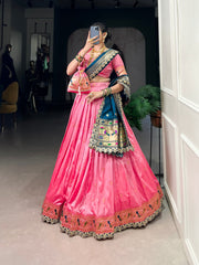 Pink & Green Silk Lehenga Choli with Contrasting Blue Dupatta