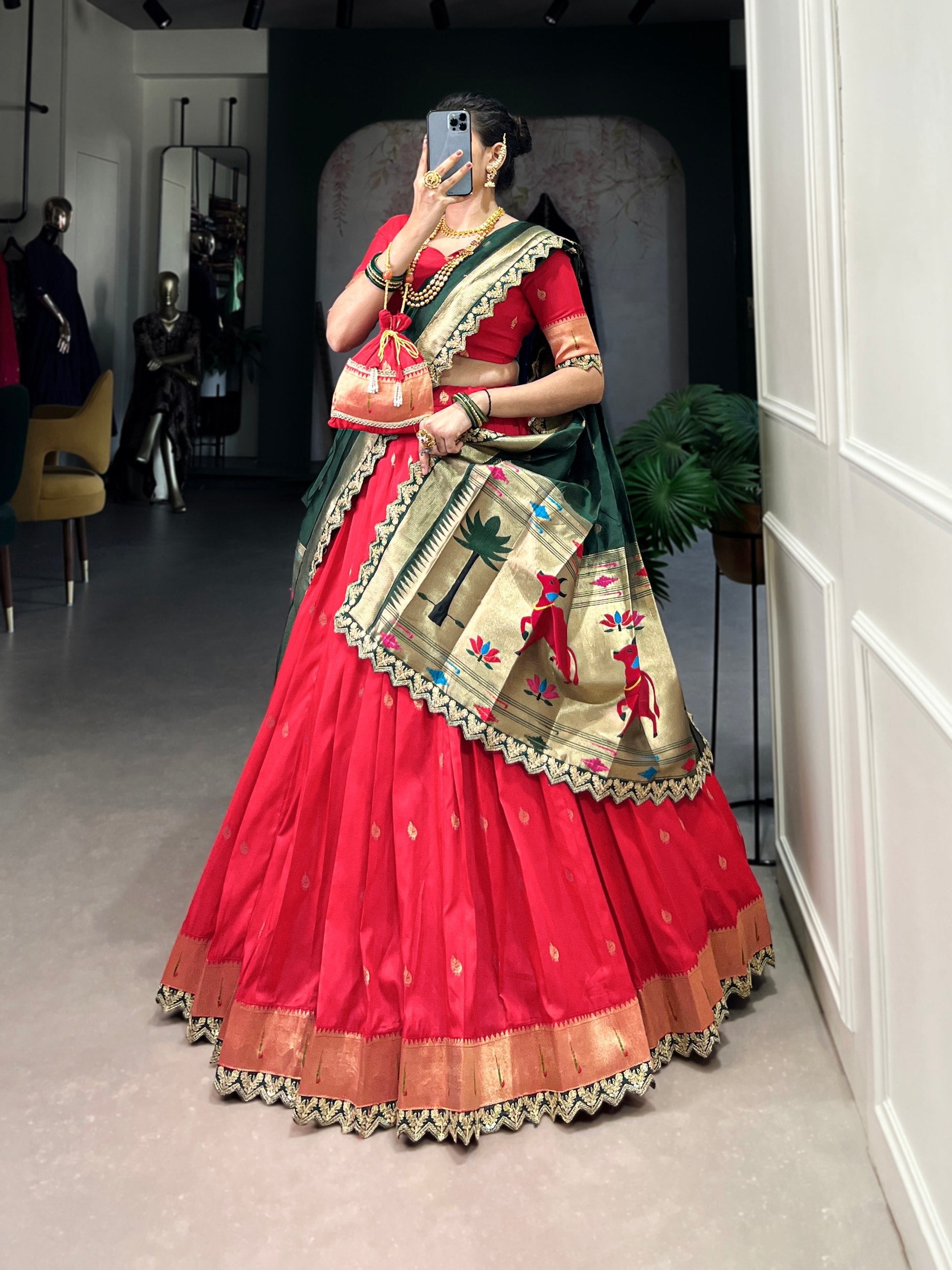 Pink & Green Silk Lehenga Choli with Contrasting Blue Dupatta