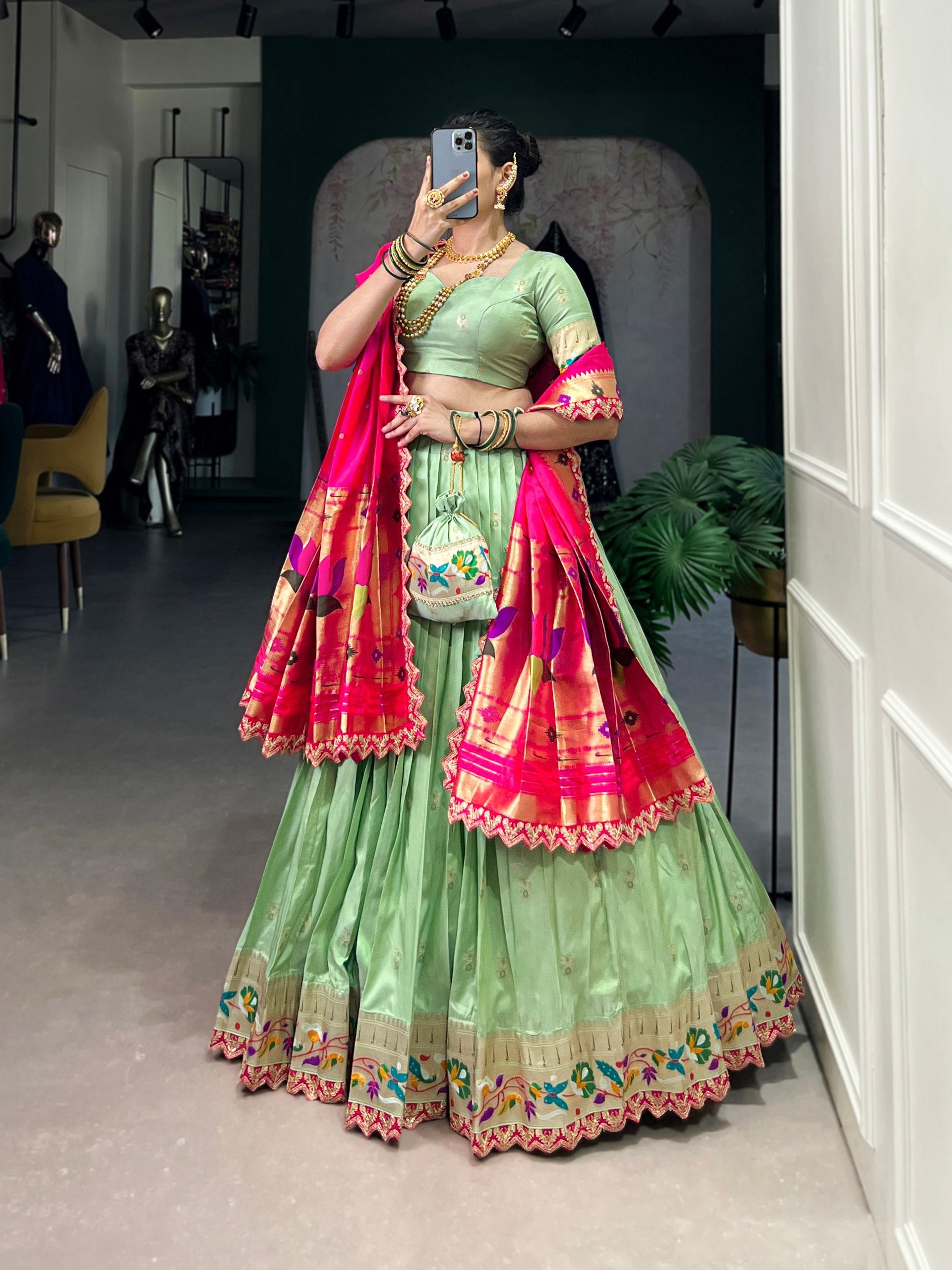 Pink & Green Silk Lehenga Choli with Contrasting Blue Dupatta