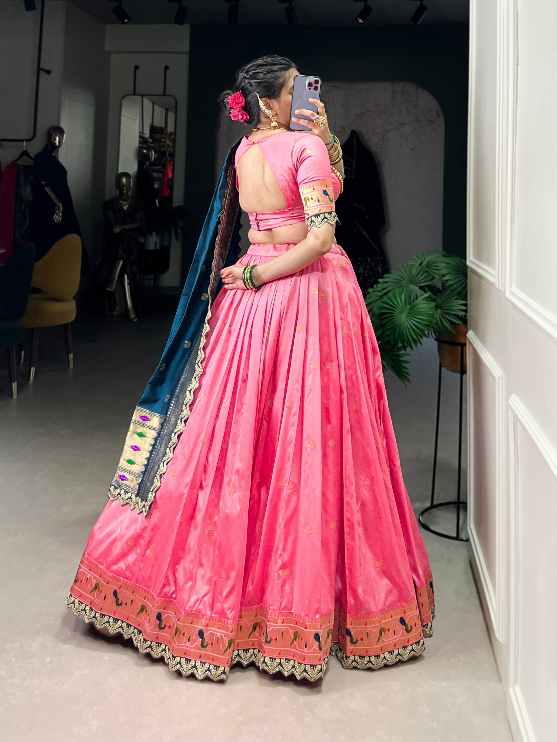 Pink & Green Silk Lehenga Choli with Contrasting Blue Dupatta
