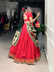 Pink & Green Silk Lehenga Choli with Contrasting Blue Dupatta