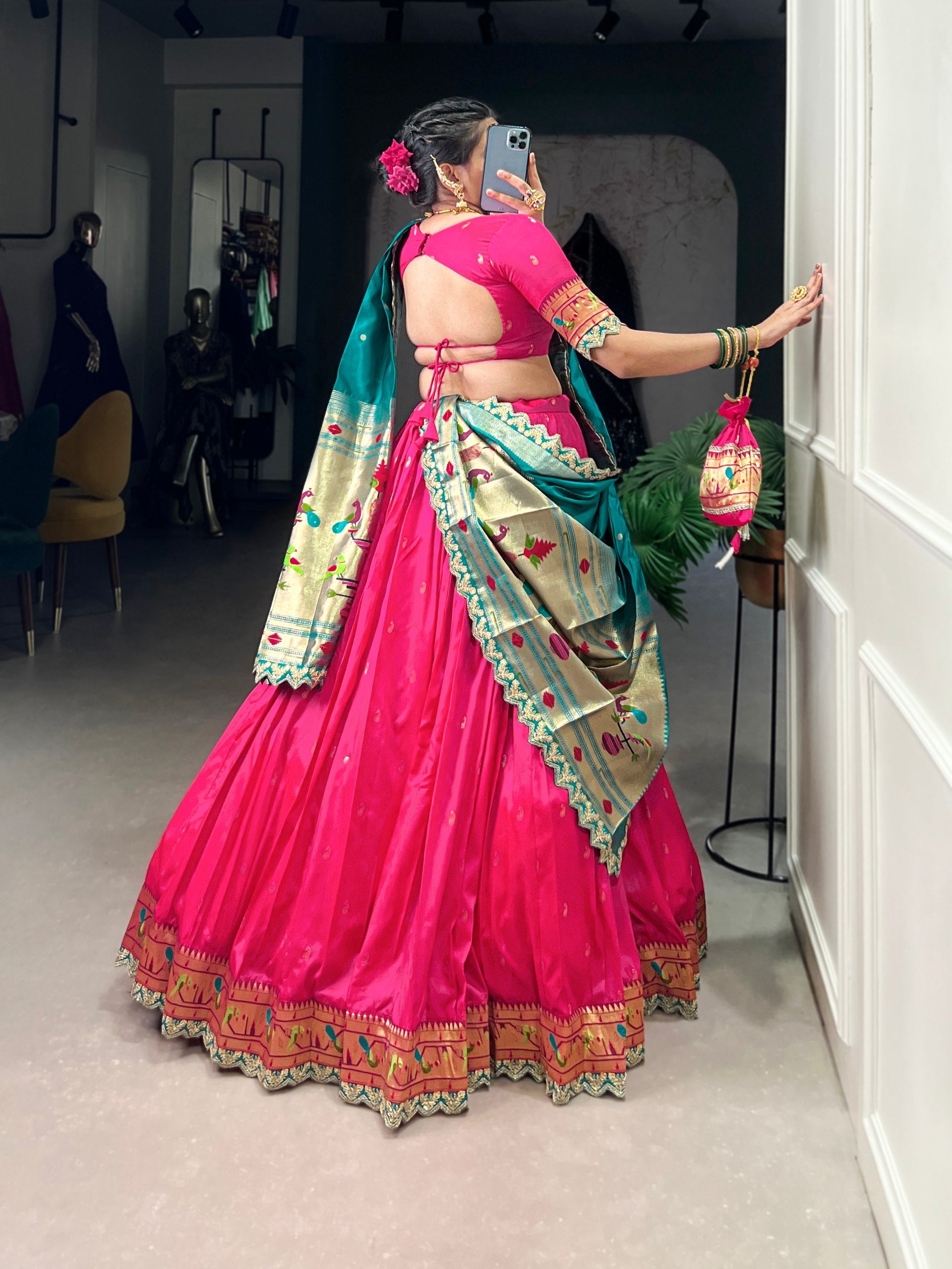 Pink & Green Silk Lehenga Choli with Contrasting Blue Dupatta