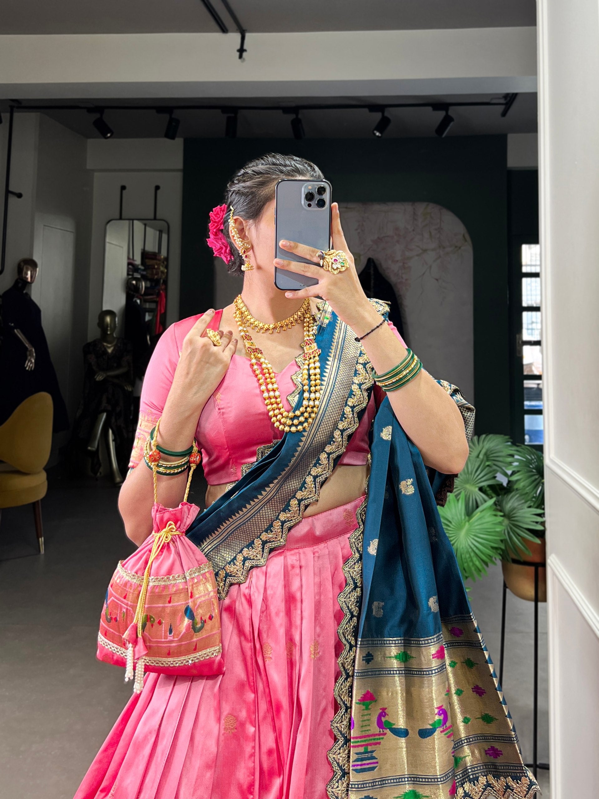 Pink & Green Silk Lehenga Choli with Contrasting Blue Dupatta