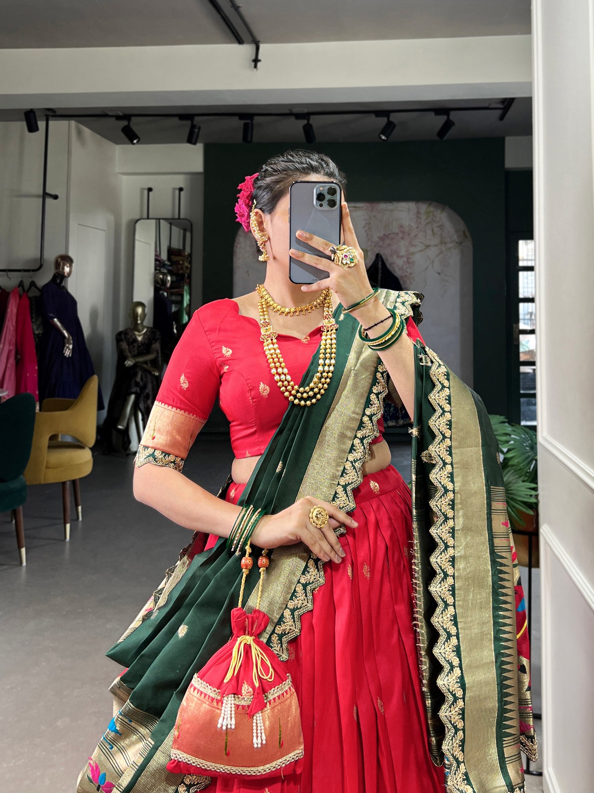 Pink & Green Silk Lehenga Choli with Contrasting Blue Dupatta