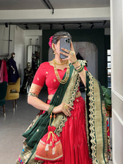 Pink & Green Silk Lehenga Choli with Contrasting Blue Dupatta