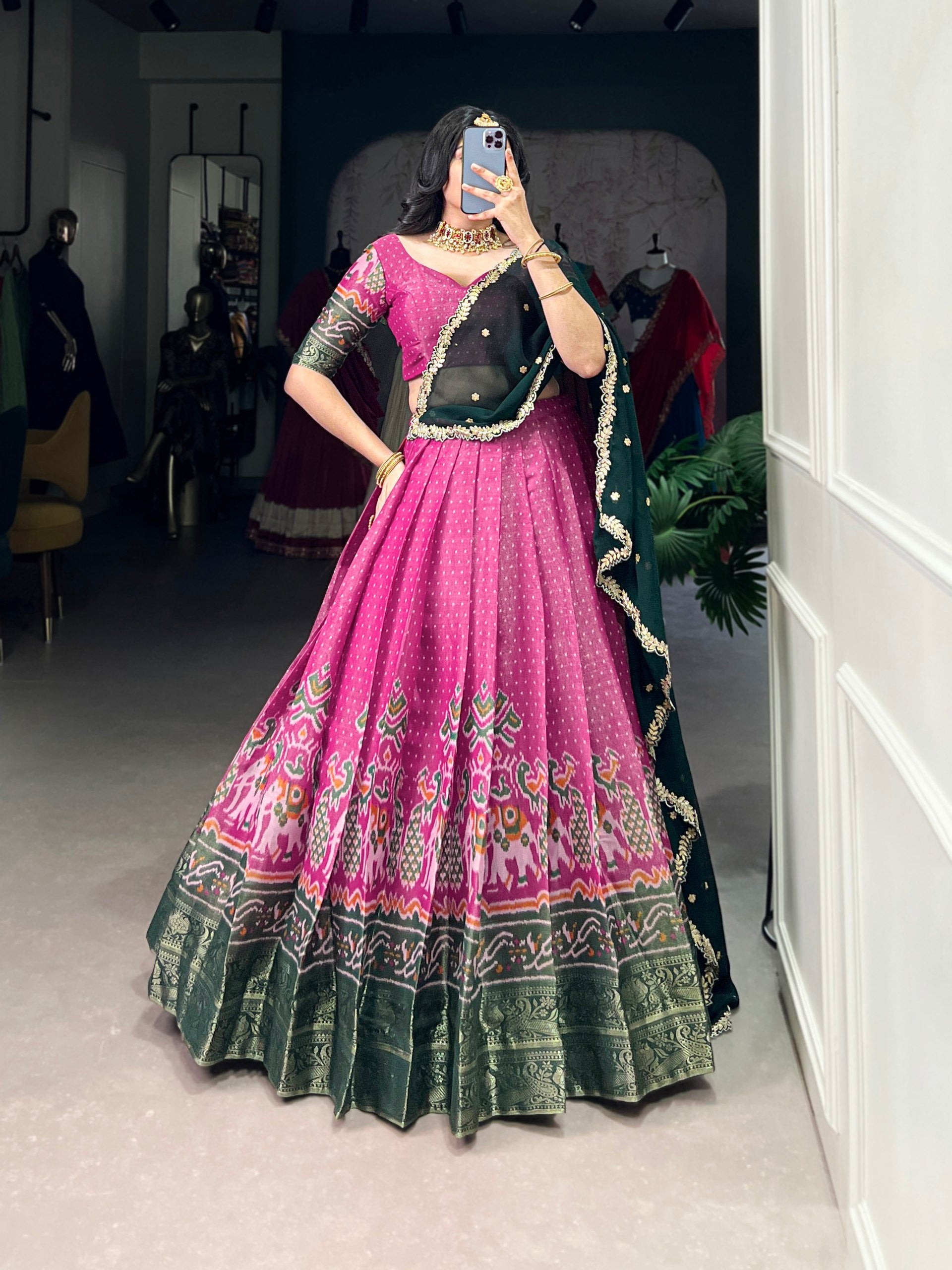 Print Silk Lehenga with Red Dupatta