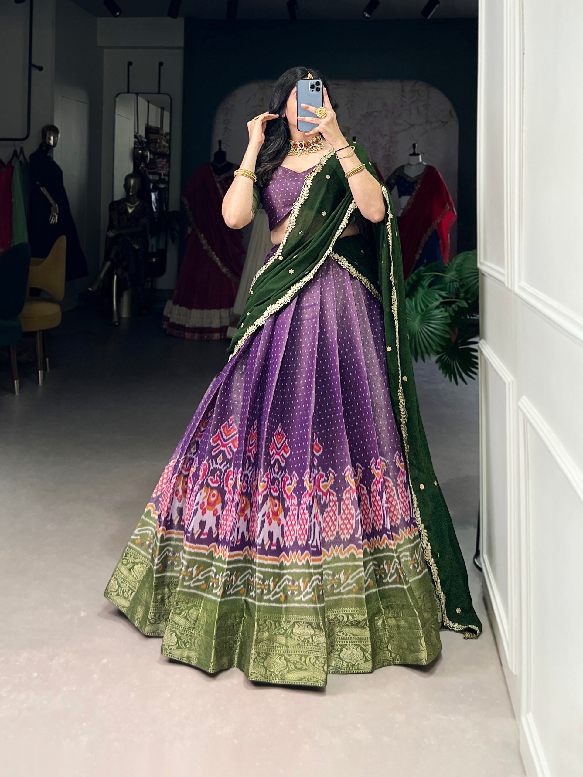Print Silk Lehenga with Red Dupatta