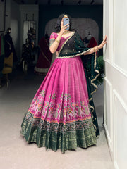 Print Silk Lehenga with Red Dupatta
