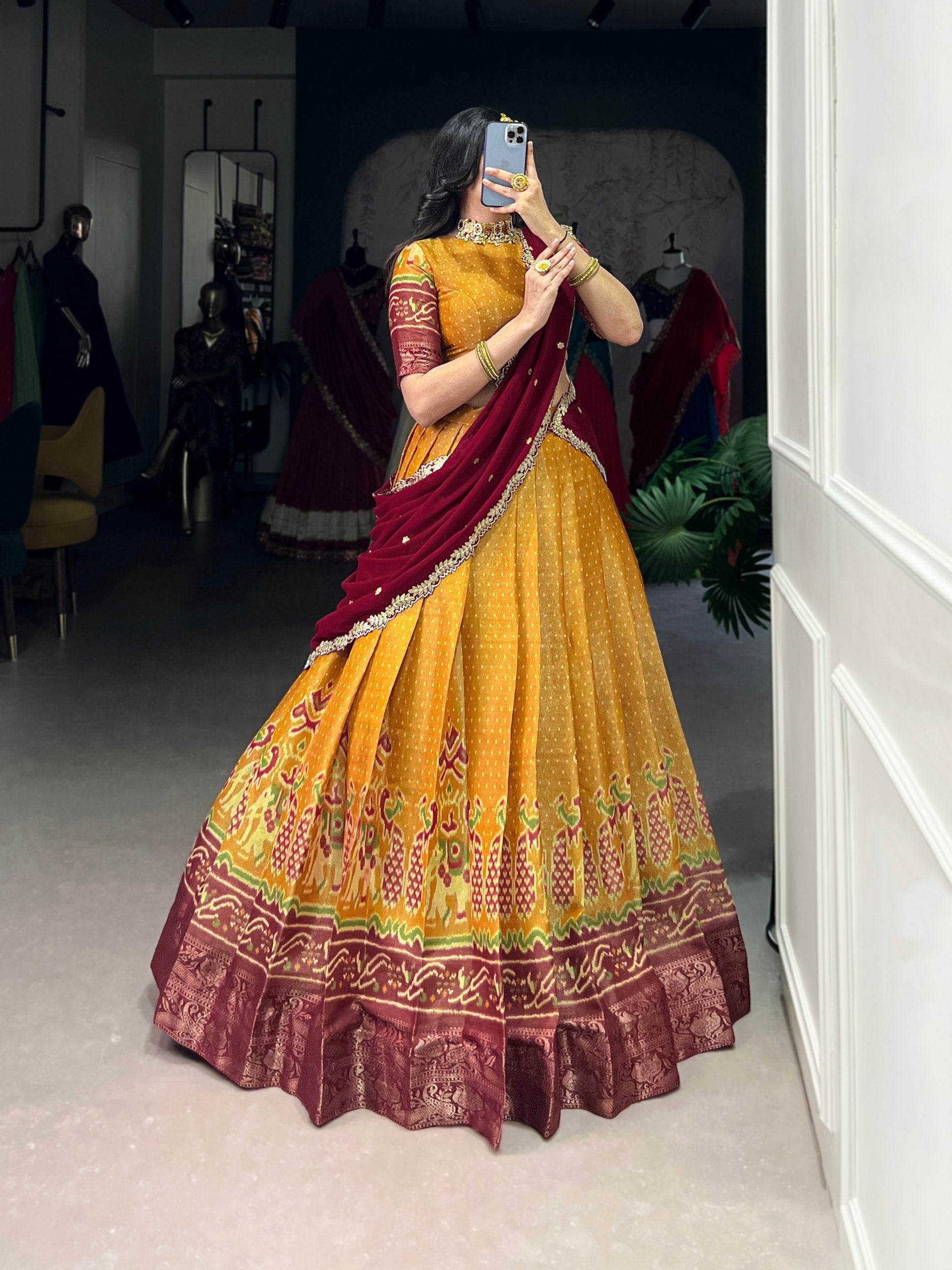 Print Silk Lehenga with Red Dupatta