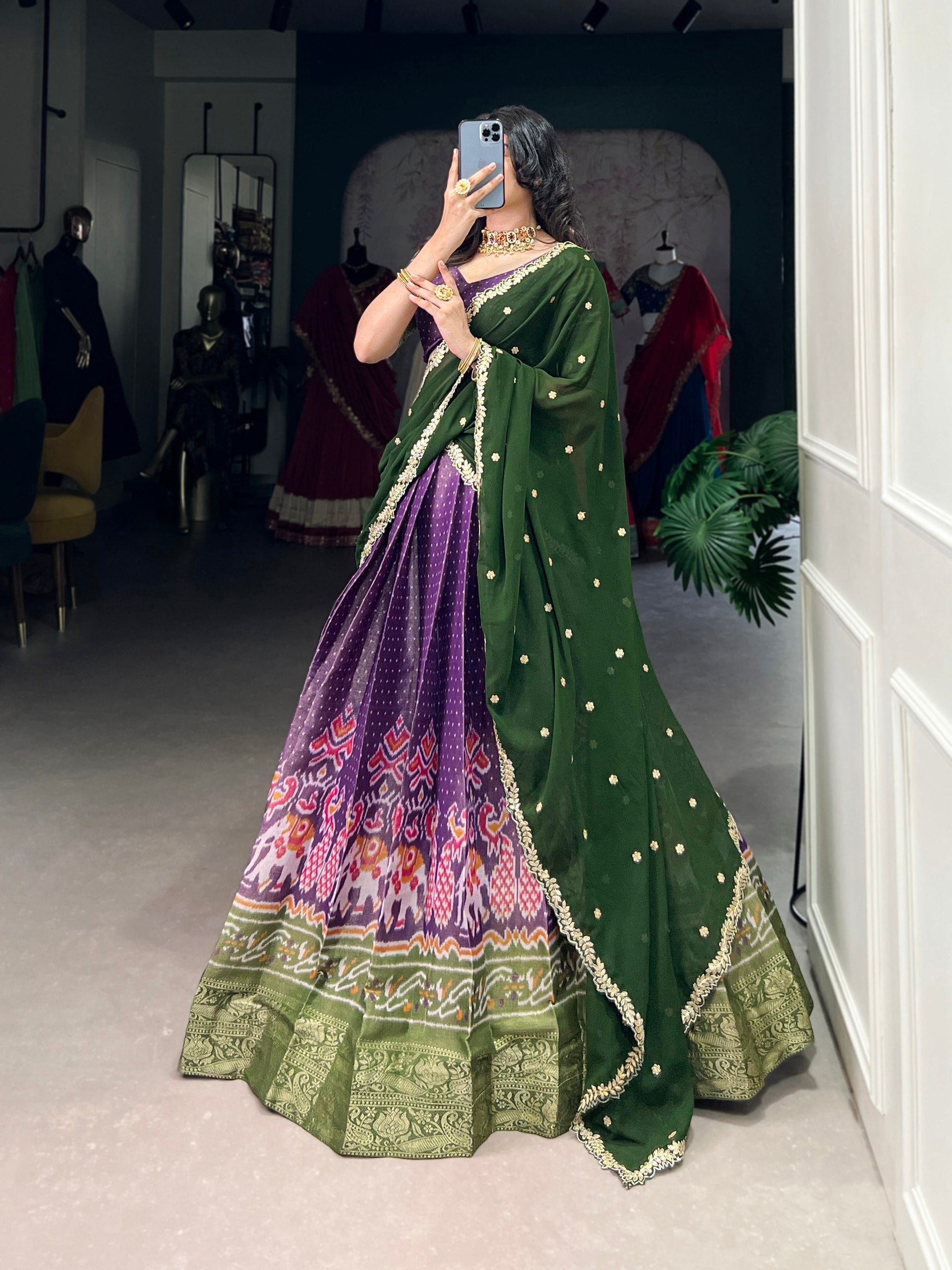 Print Silk Lehenga with Red Dupatta