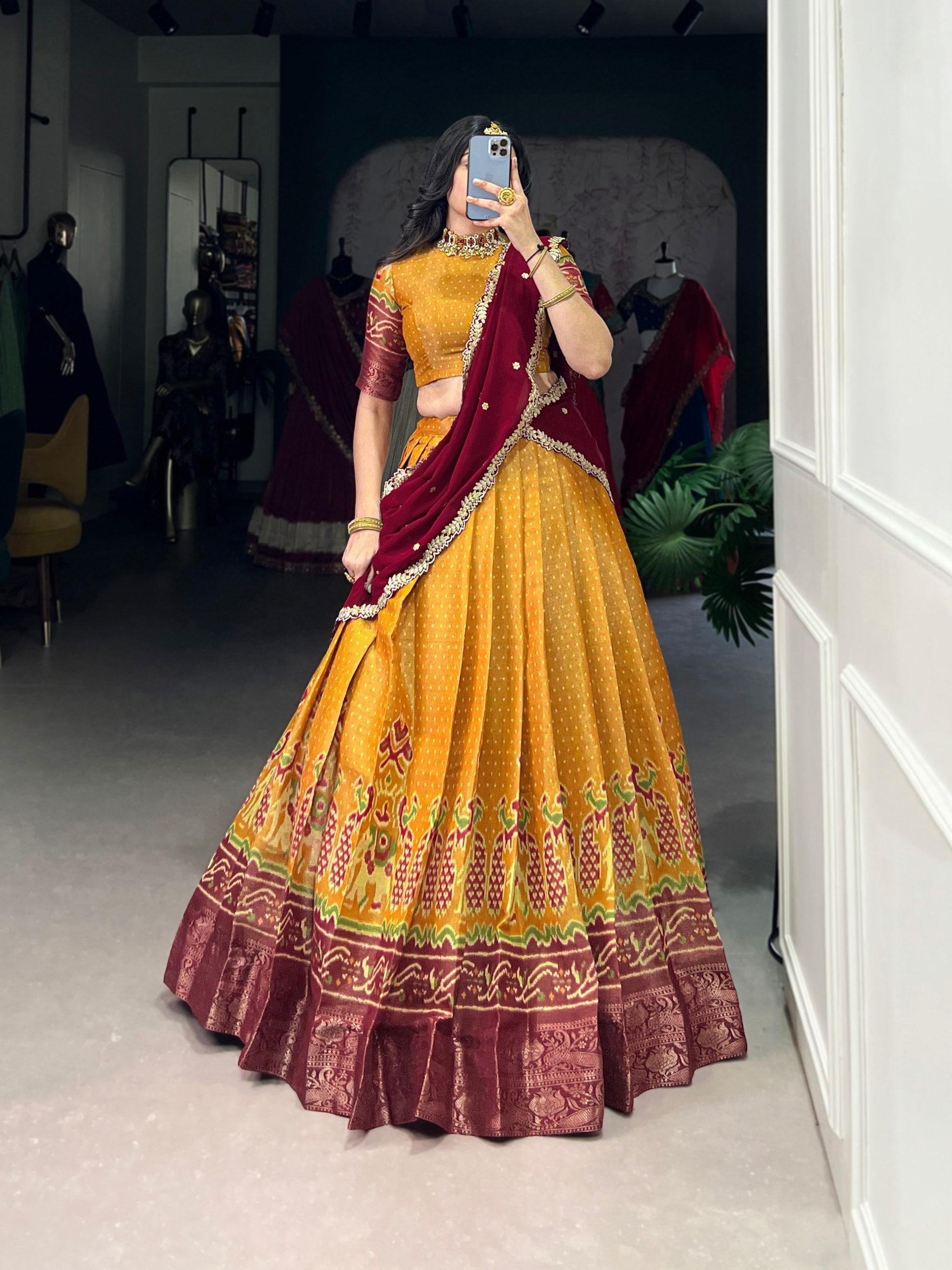 Print Silk Lehenga with Red Dupatta