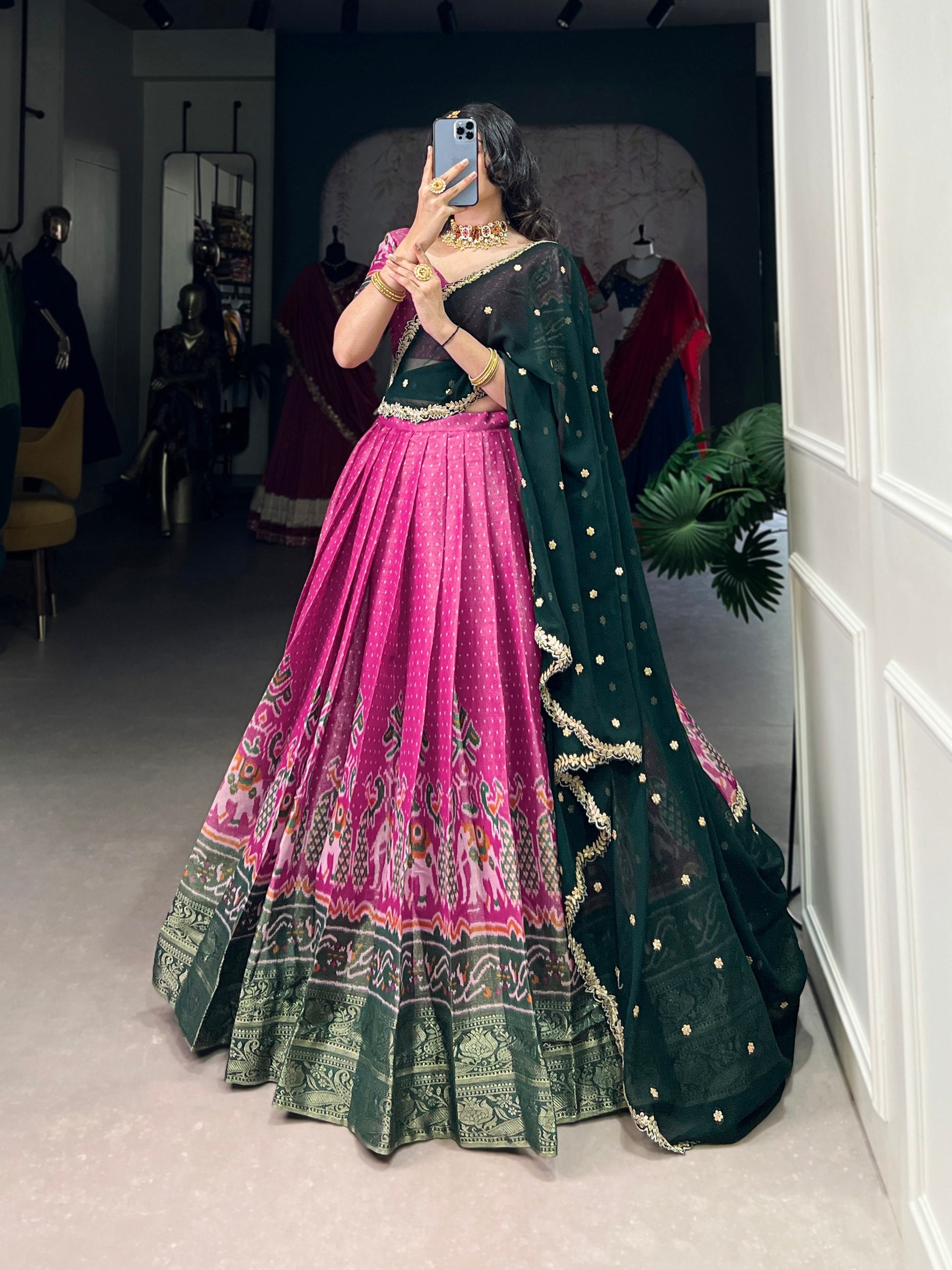 Print Silk Lehenga with Red Dupatta