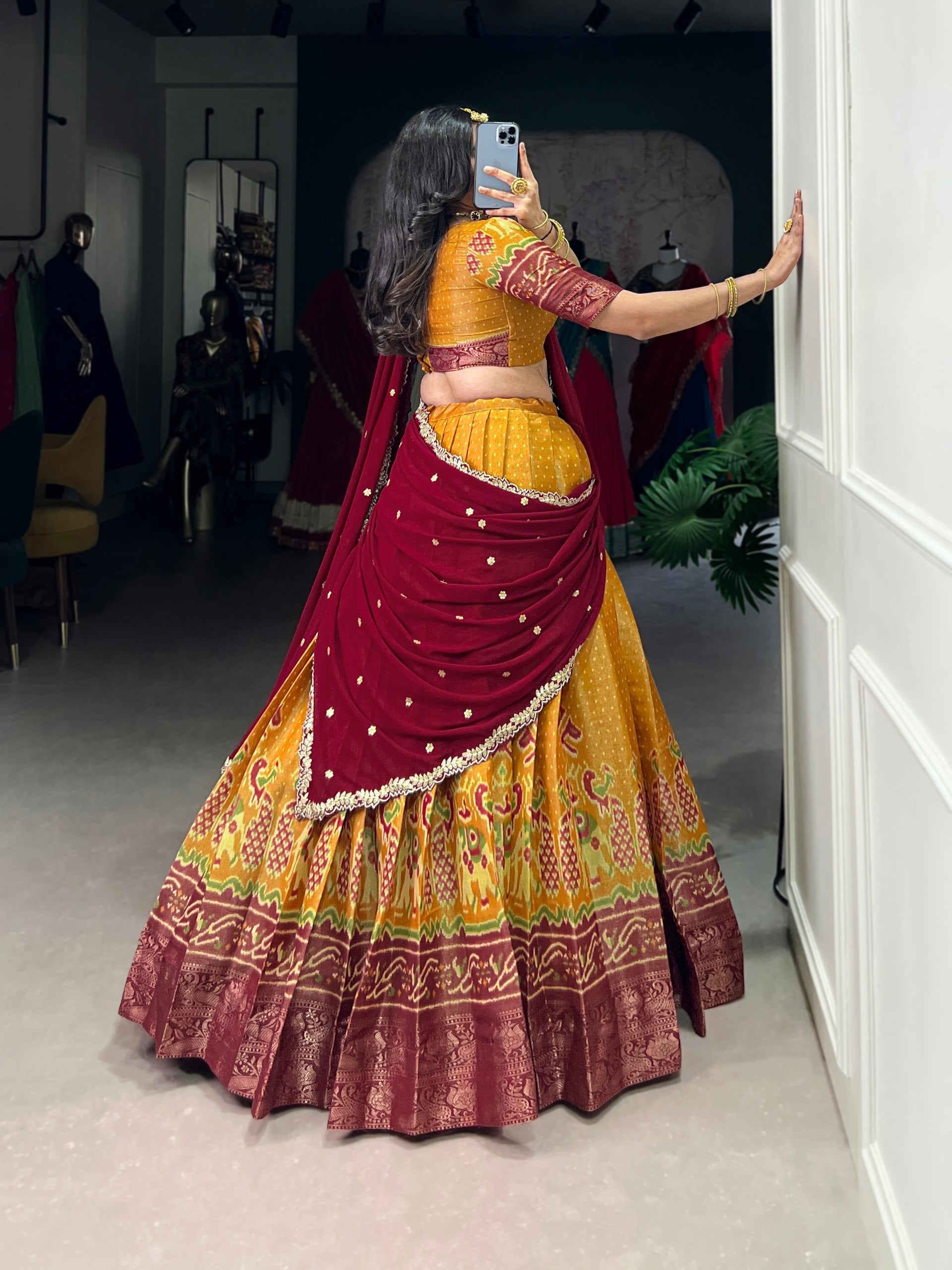 Print Silk Lehenga with Red Dupatta