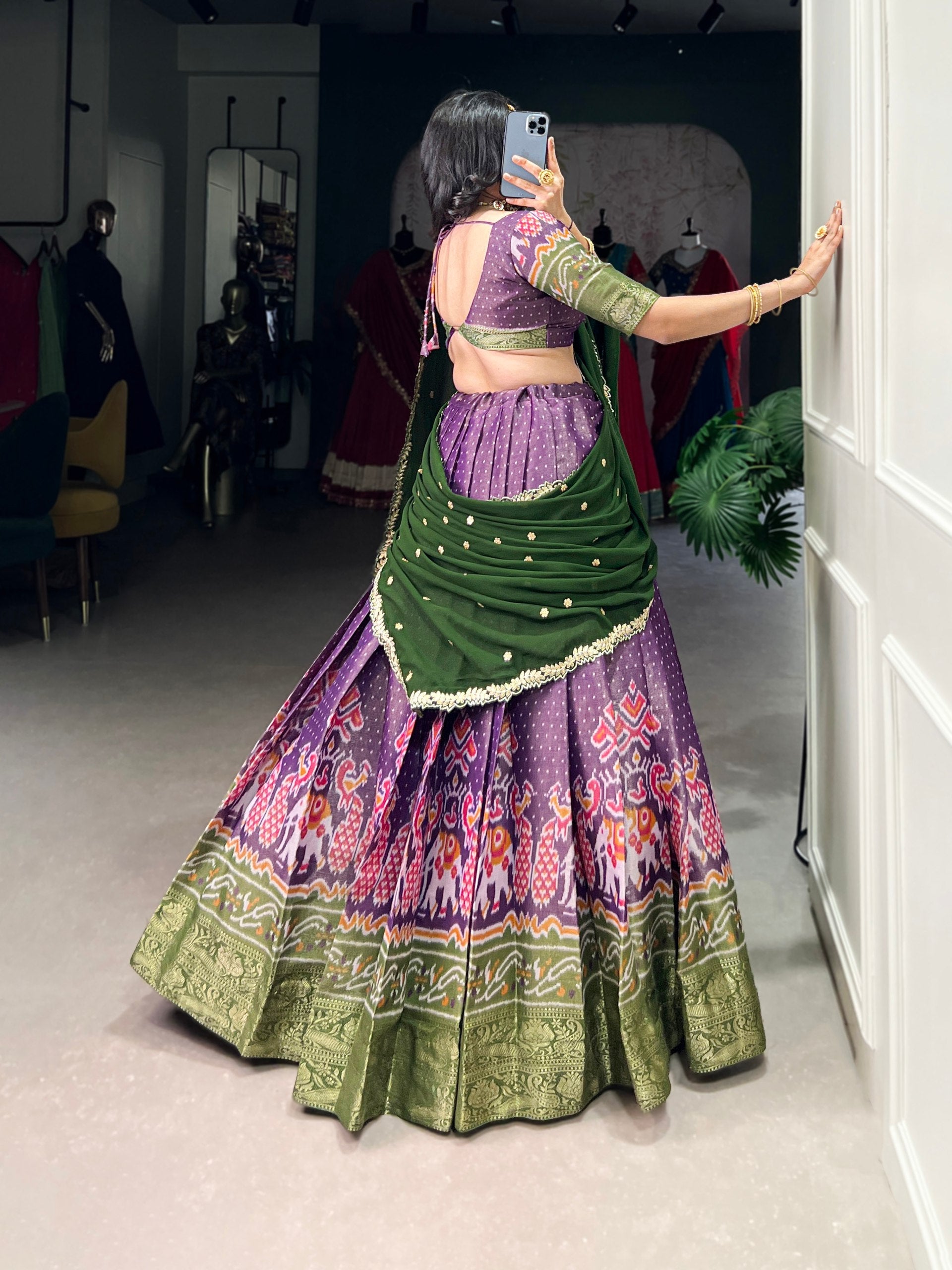Print Silk Lehenga with Red Dupatta