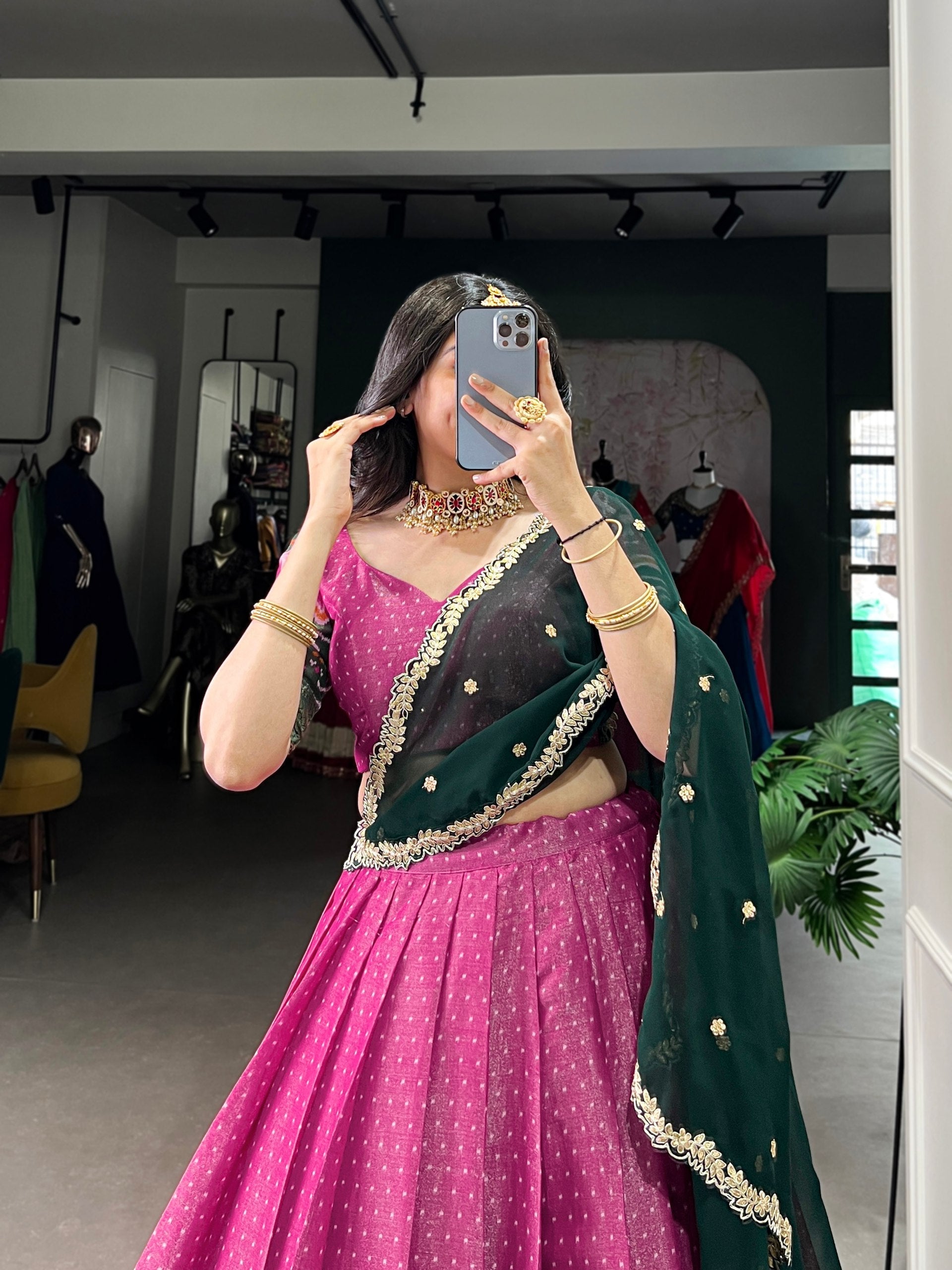 Print Silk Lehenga with Red Dupatta
