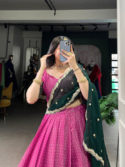 Print Silk Lehenga with Red Dupatta