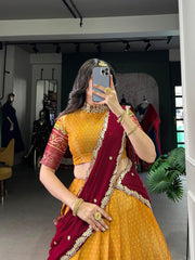 Print Silk Lehenga with Red Dupatta