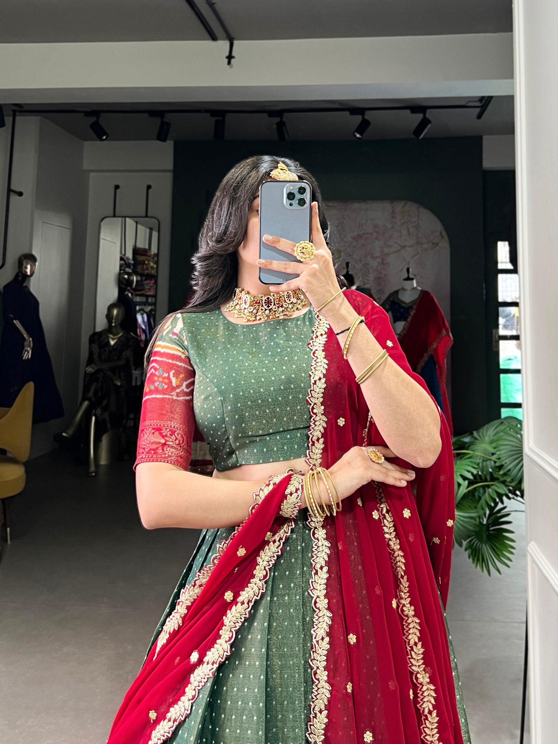 Print Silk Lehenga with Red Dupatta