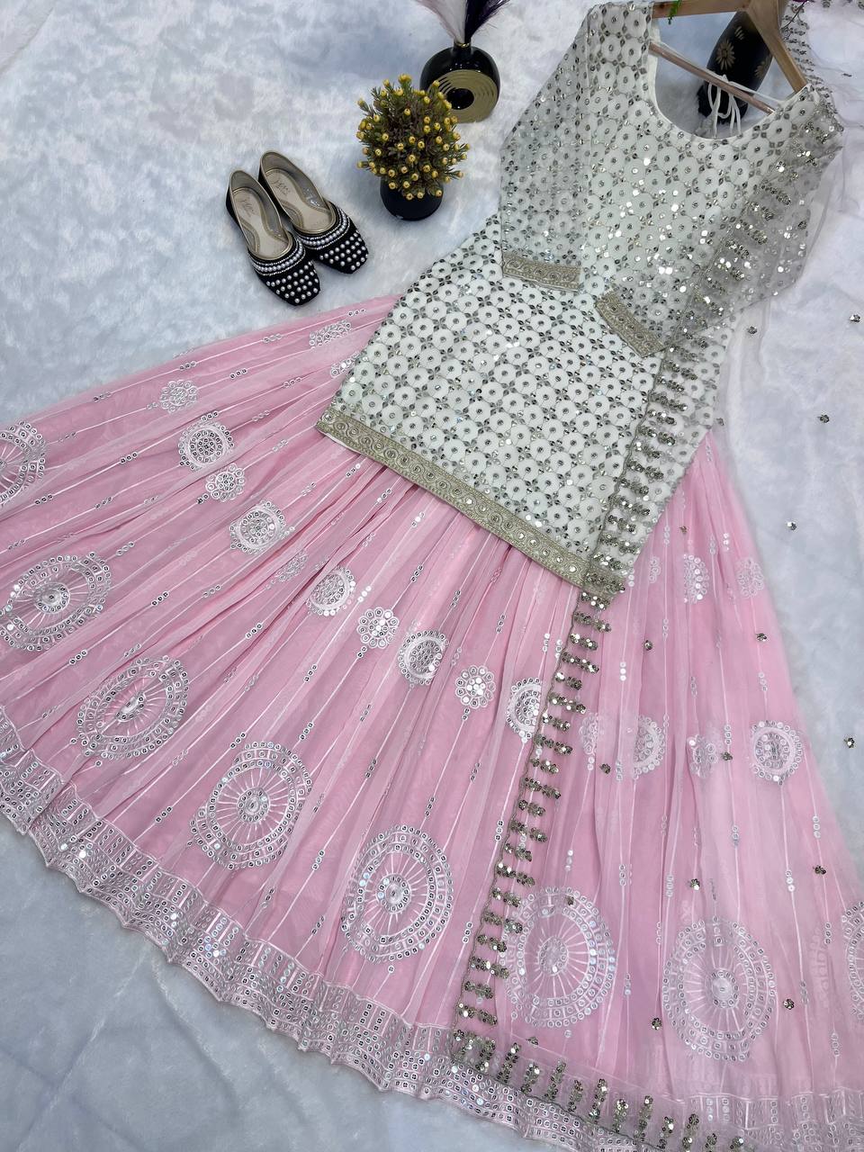 Baby Pink Mirror Work Lehenga Set with Dupatta
