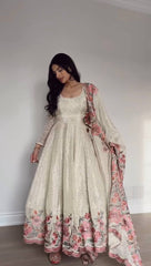 Ivory Floral Embroidered Anarkali Suit with Dupatta