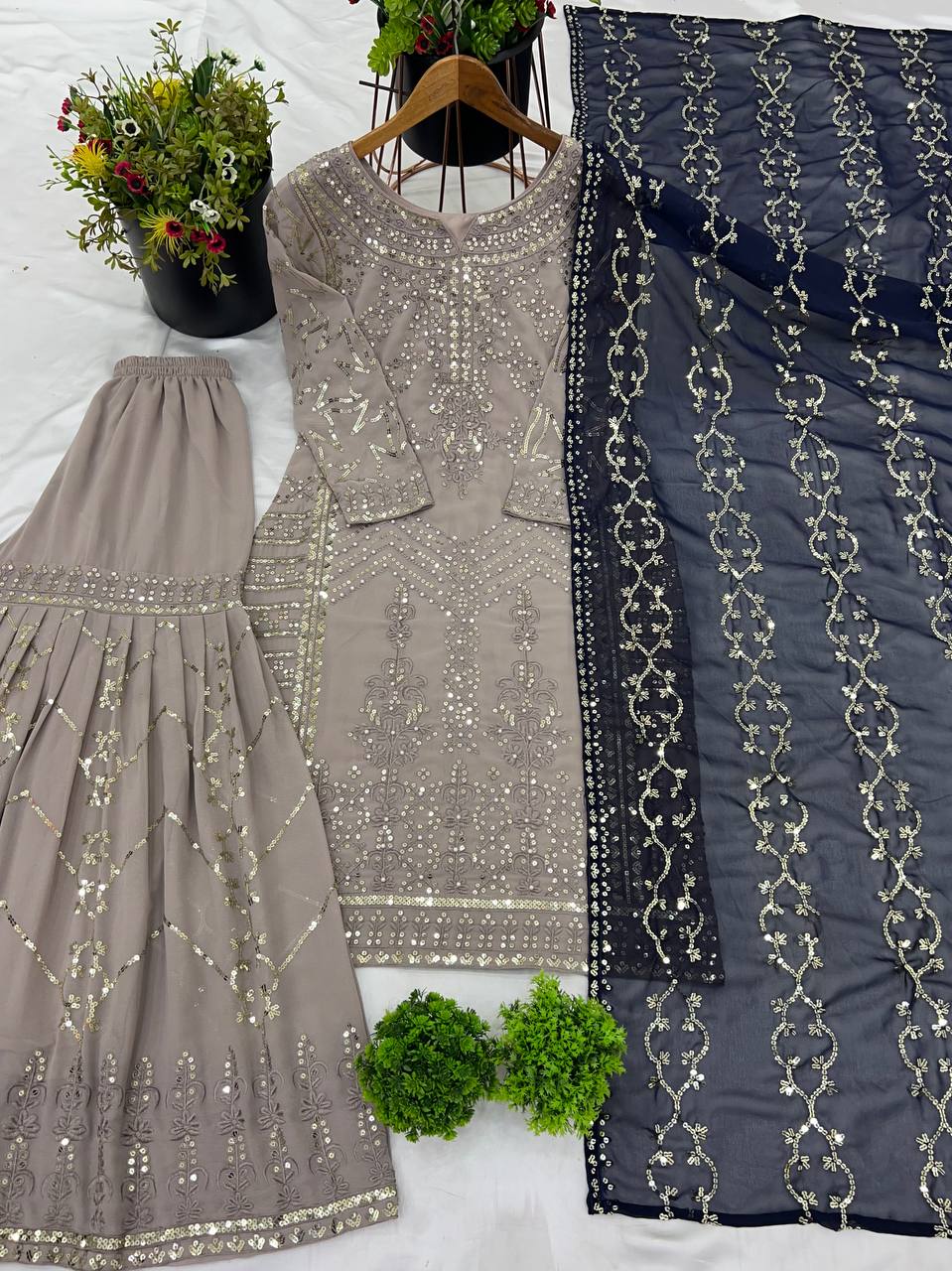 Taupe Grey Embroidered Sharara Suit with Black Dupatta