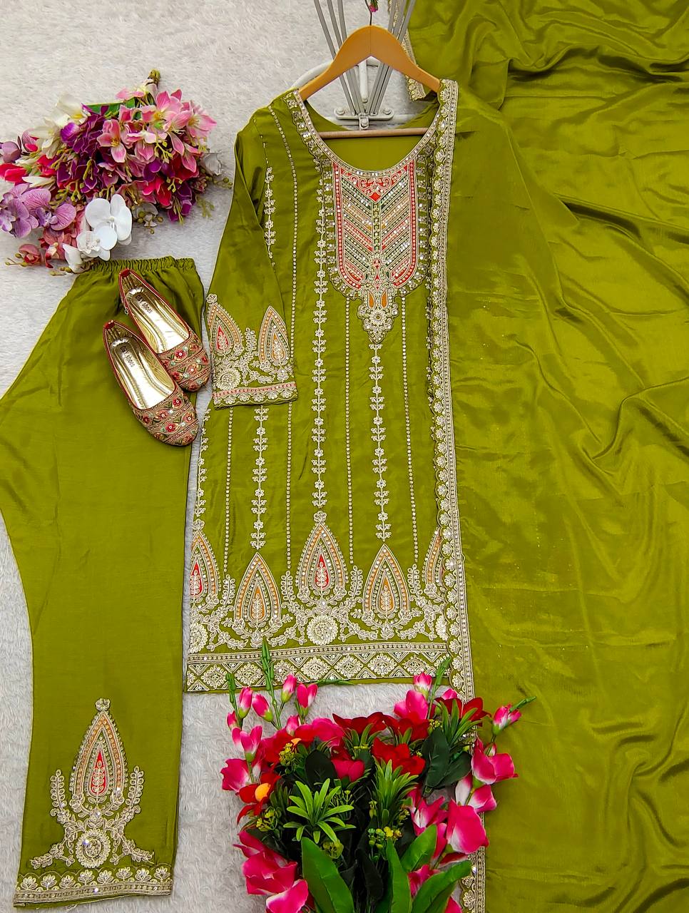 Green Embroidered Muslin Cotton Suit Set with Organza Dupatta