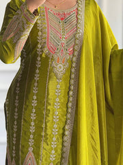 Green Embroidered Muslin Cotton Suit Set with Organza Dupatta