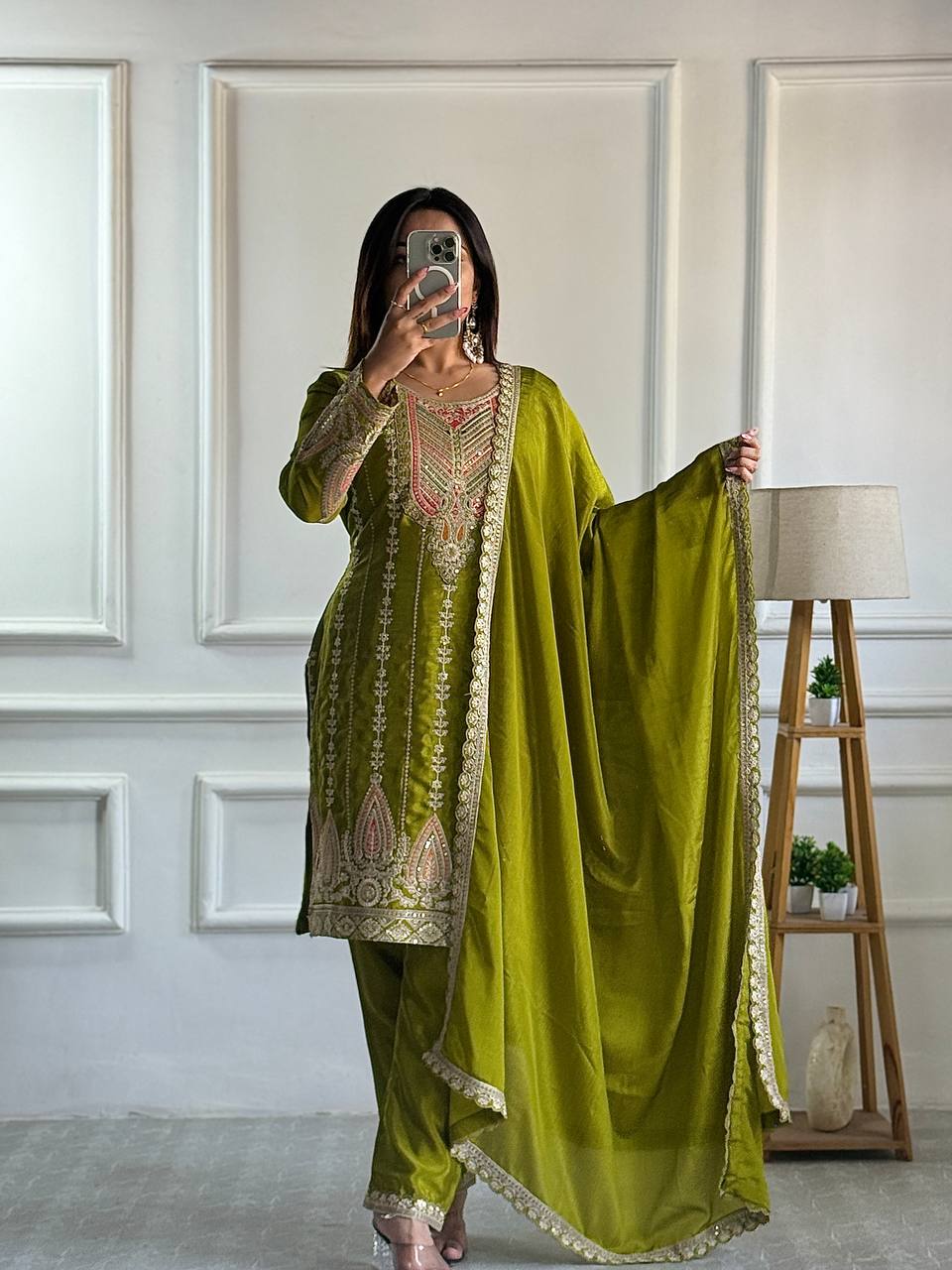 Green Embroidered Muslin Cotton Suit Set with Organza Dupatta
