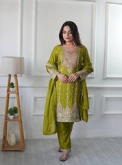 Green Embroidered Muslin Cotton Suit Set with Organza Dupatta