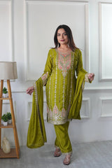 Green Embroidered Muslin Cotton Suit Set with Organza Dupatta