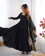 Black Tiered Cotton Anarkali Suit with Zari Work Dupatta – Elegant Festive Wear