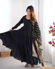 Black Tiered Cotton Anarkali Suit with Zari Work Dupatta – Elegant Festive Wear