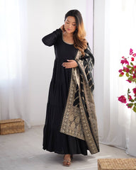 Black Tiered Cotton Anarkali Suit with Zari Work Dupatta – Elegant Festive Wear