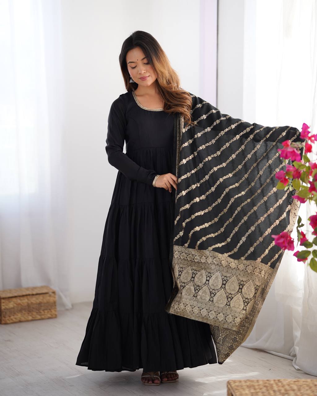 Black Tiered Cotton Anarkali Suit with Zari Work Dupatta – Elegant Festive Wear