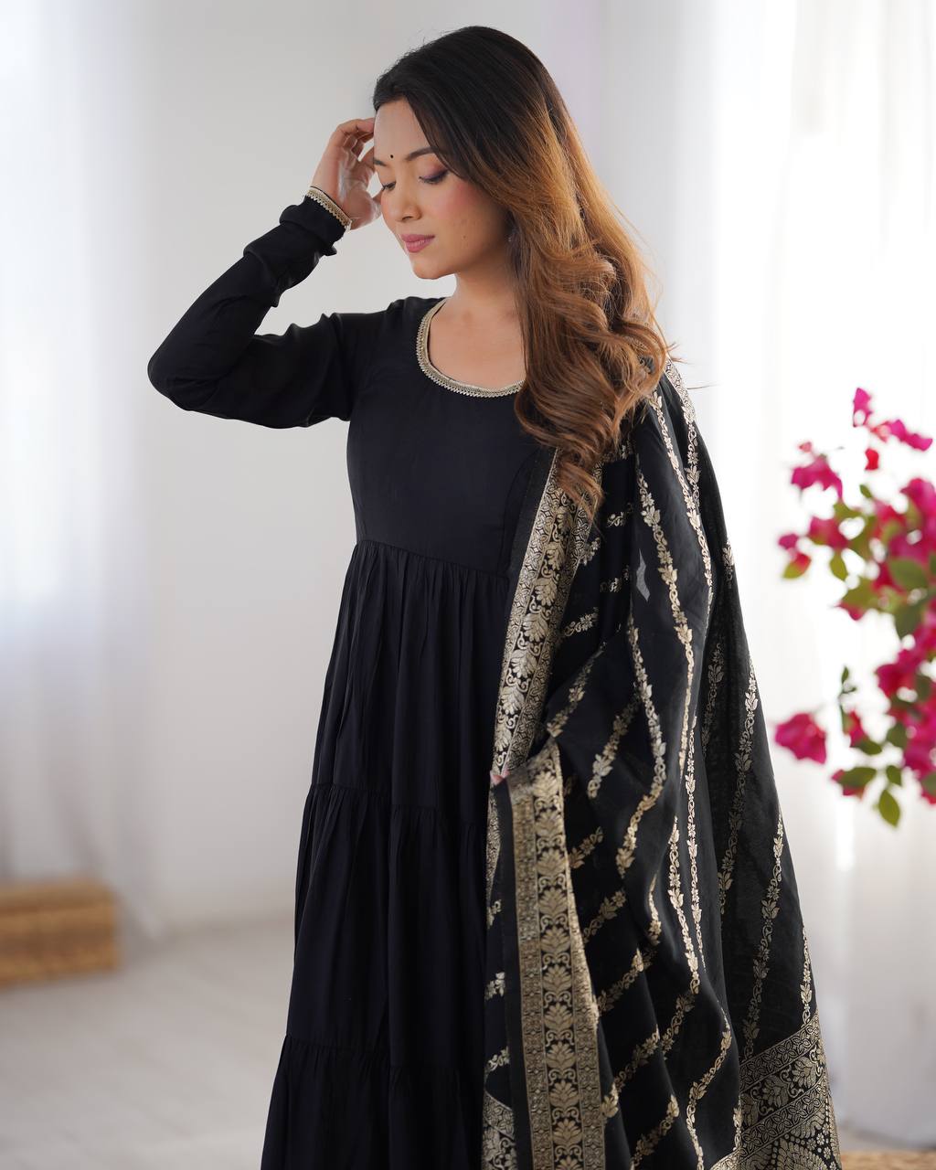Black Tiered Cotton Anarkali Suit with Zari Work Dupatta – Elegant Festive Wear