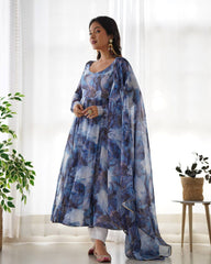 Blue Watercolor Floral Anarkali Kurta with Dupatta – Elegant Party & Festive Wear