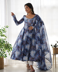 Blue Watercolor Floral Anarkali Kurta with Dupatta – Elegant Party & Festive Wear