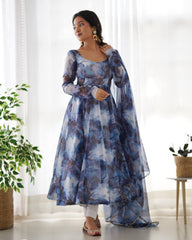 Blue Watercolor Floral Anarkali Kurta with Dupatta – Elegant Party & Festive Wear