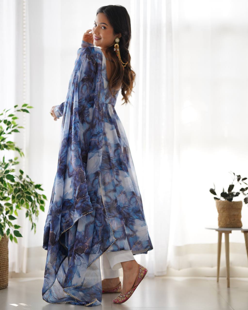 Blue Watercolor Floral Anarkali Kurta with Dupatta – Elegant Party & Festive Wear