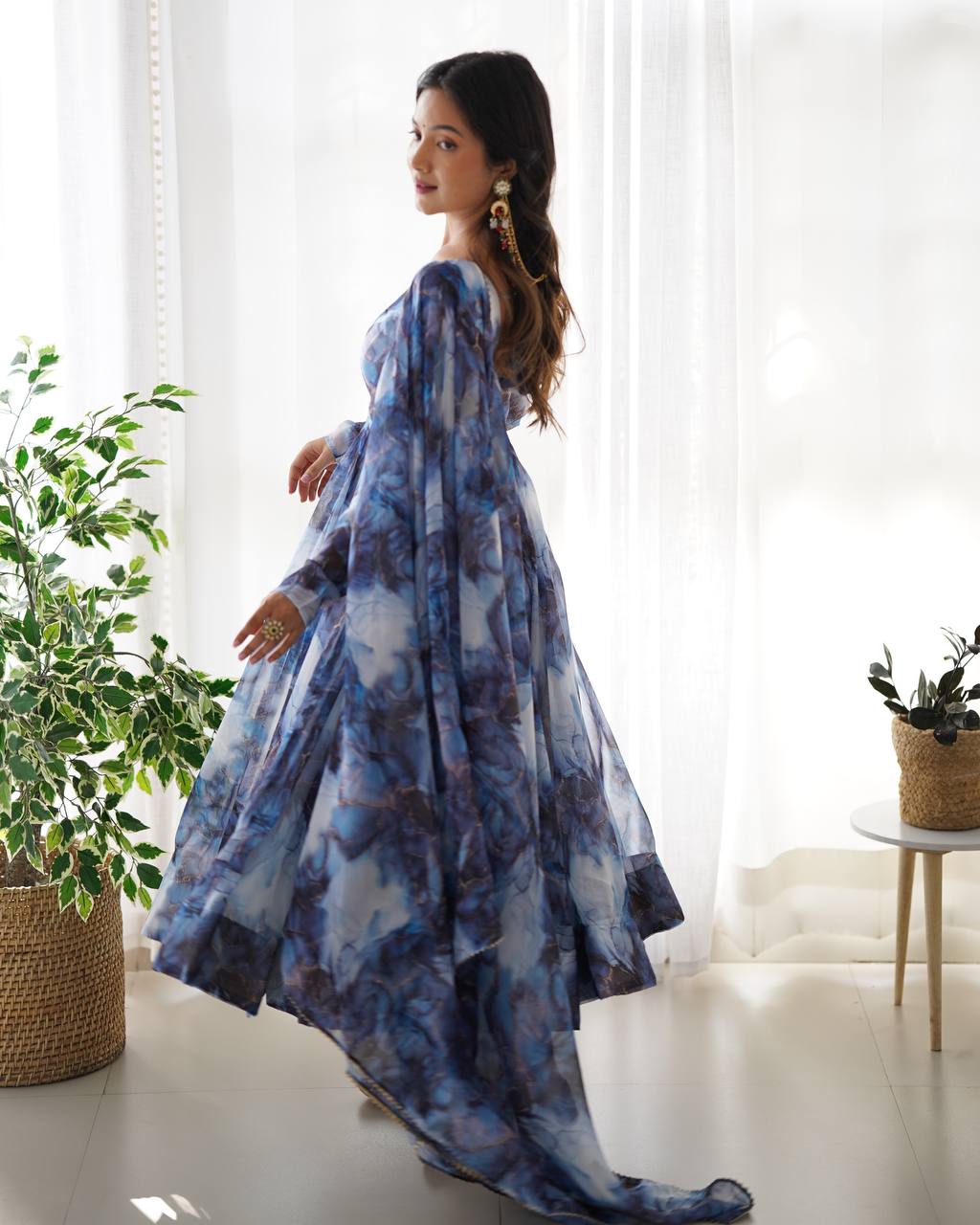 Blue Watercolor Floral Anarkali Kurta with Dupatta – Elegant Party & Festive Wear